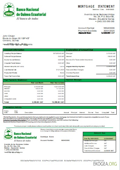 Relevé d'hypothèque bancaire de la Banque nationale de Guinée équatoriale scr